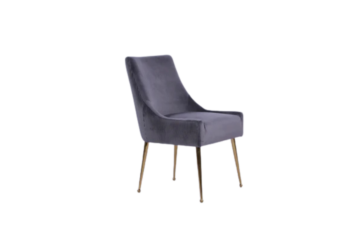 Grey upholstered accent chair with curved back, padded seat, and slender metal legs
