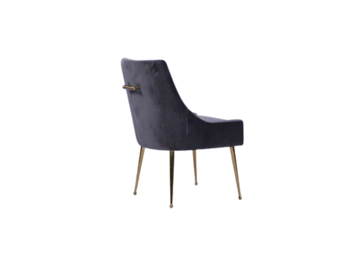Como chair in dark charcoal with curved back, small bar detail, and metal legs