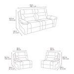 3-seat recliner sofa diagram with padded arms and tufted back cushions