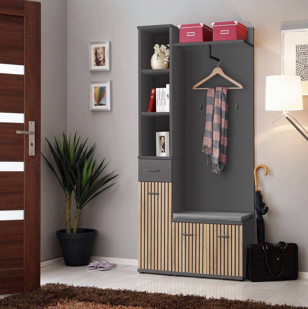 Grey hallway hanger with coat hook rail, shelves, and bench storage