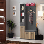Grey hallway storage unit with wooden slat doors, coat hooks, and small drawers