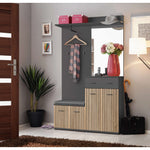 Hallway storage bench with gray cushioned seat and vertical wood slat cabinet doors