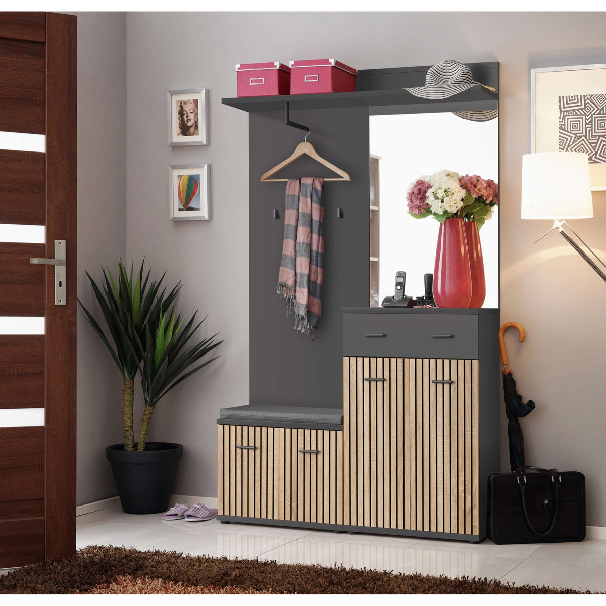 Hallway storage bench with gray cushioned seat and vertical wood slat cabinet doors