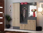Hallway wardrobe with slatted double doors, mirror back, hanging hooks, and bottom drawers