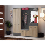 Hallway storage cabinet with striped doors, hanging hooks, and drawer bench
