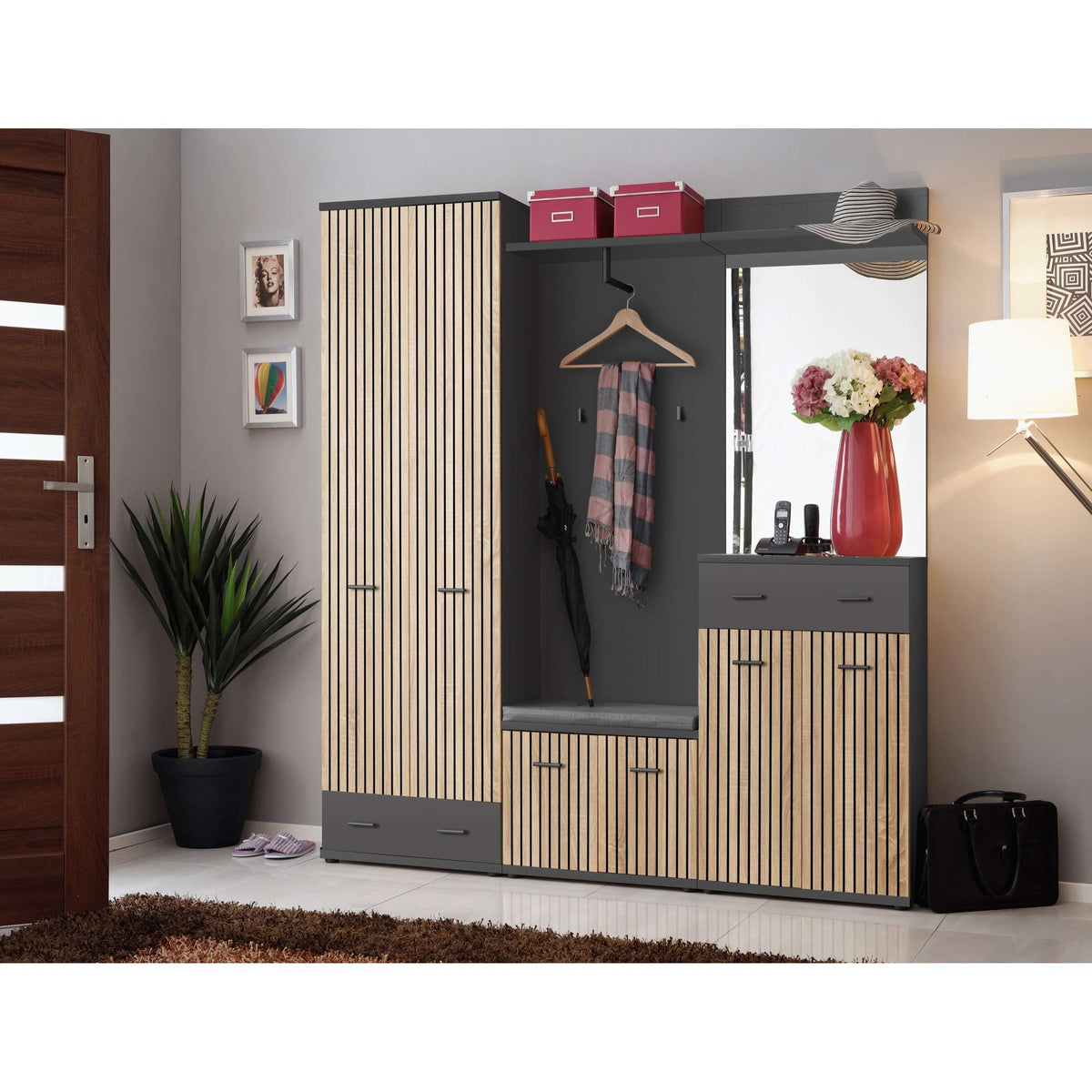 Hallway storage cabinet with striped doors, hanging hooks, and drawer bench