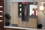 Tall hallway cabinet with hanging area, open shelves, slatted doors, drawers