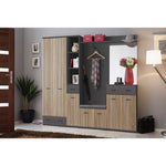 Hallway storage set with coat rail, open shelves, and striped cabinet doors