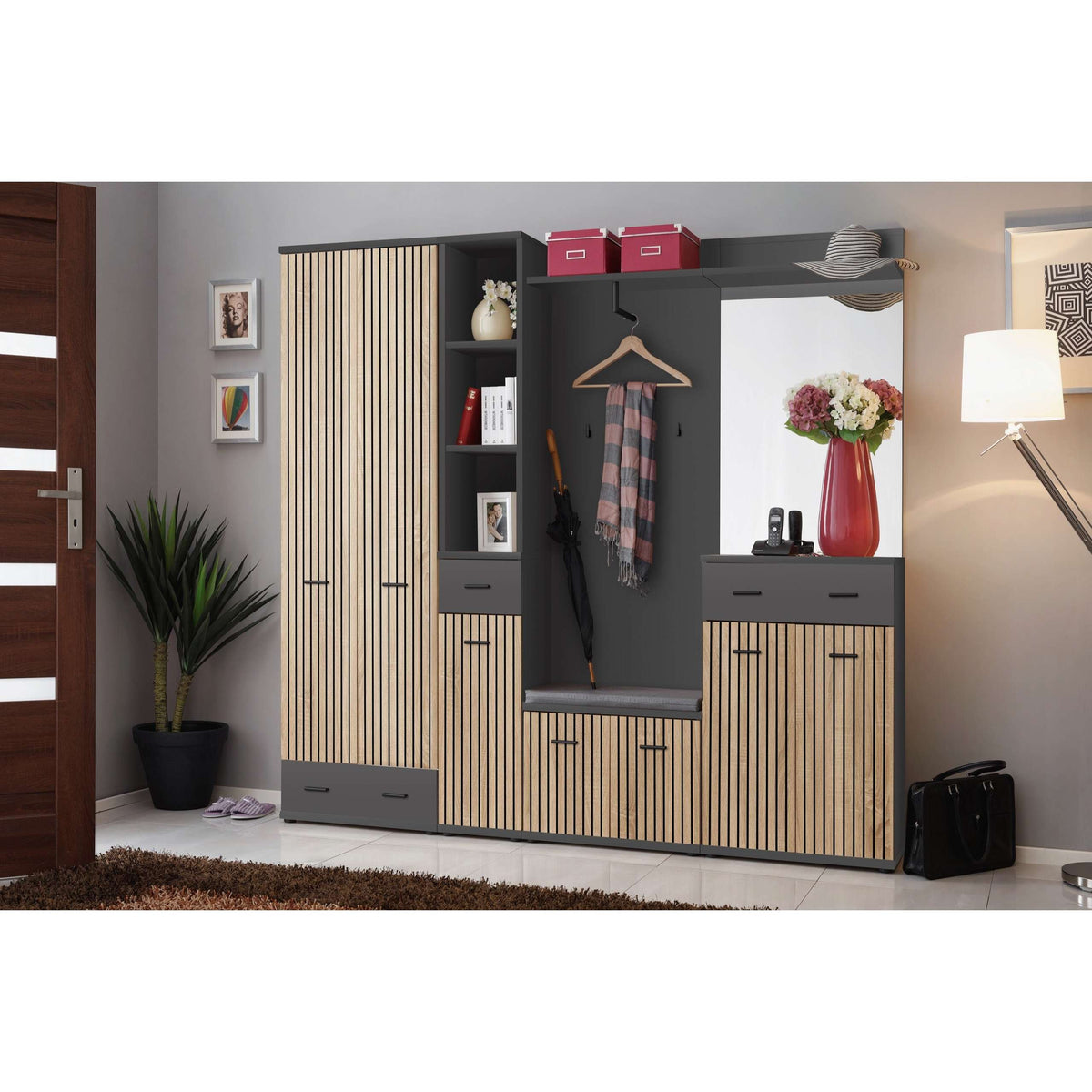 Hallway storage set with coat rail, open shelves, and striped cabinet doors