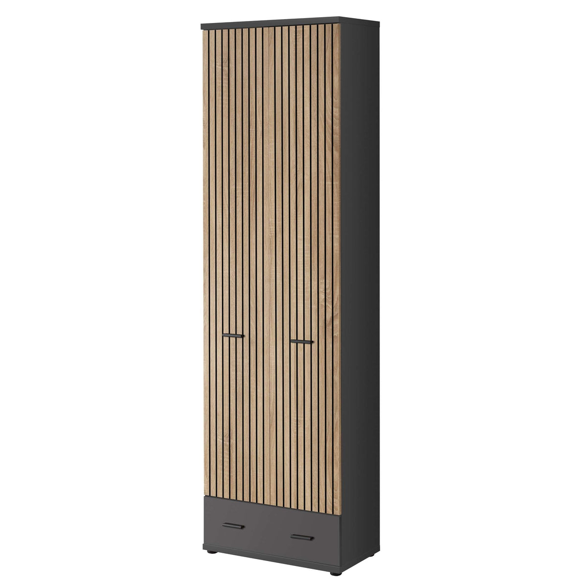 Tall hallway wardrobe with vertical slatted doors, dark base drawers, and black handles