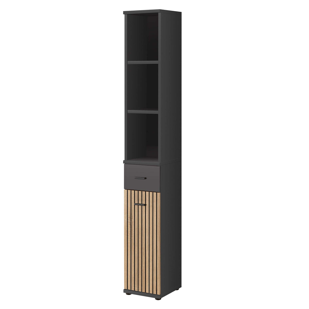Tall hallway cabinet with open shelves, slatted door panel, dark gray