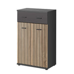 Dark gray hallway cabinet with vertical wood-slat doors and black base
