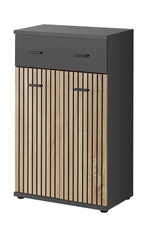 Dark gray hallway cabinet with vertical wood slat doors and two drawer pulls