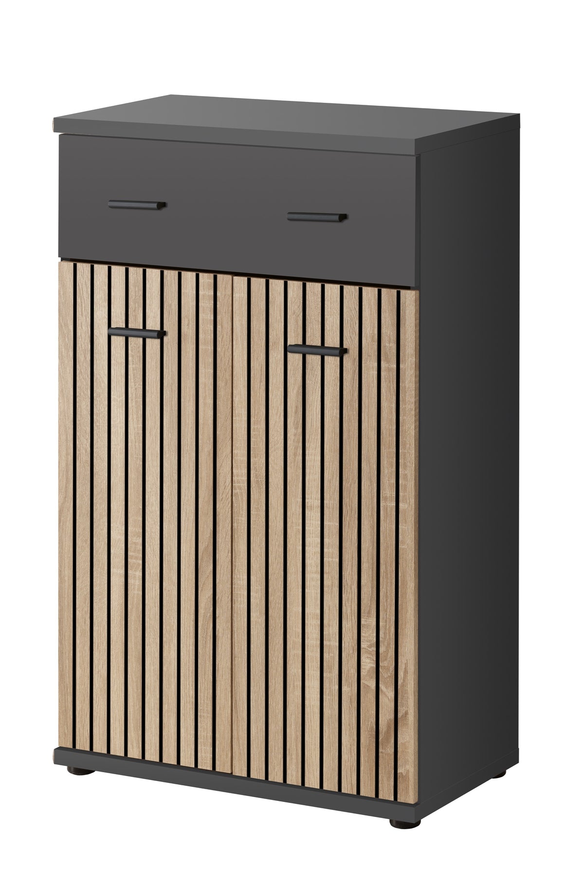 Dark gray hallway cabinet with vertical wood slat doors and two drawer pulls