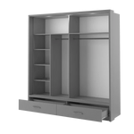 Grey sliding door wardrobe with open shelves and hanging rail