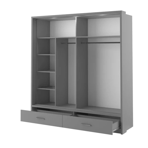 Grey sliding door wardrobe with open shelves and hanging rail