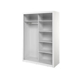 White sliding door wardrobe with open shelves and vertical compartments