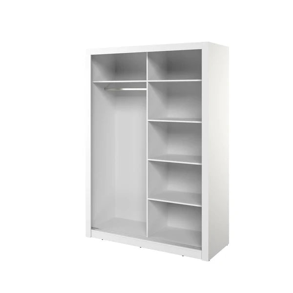 White sliding door wardrobe with open shelves and vertical compartments