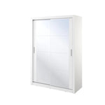White sliding door wardrobe with two frosted glass-panel doors and vertical metal handles