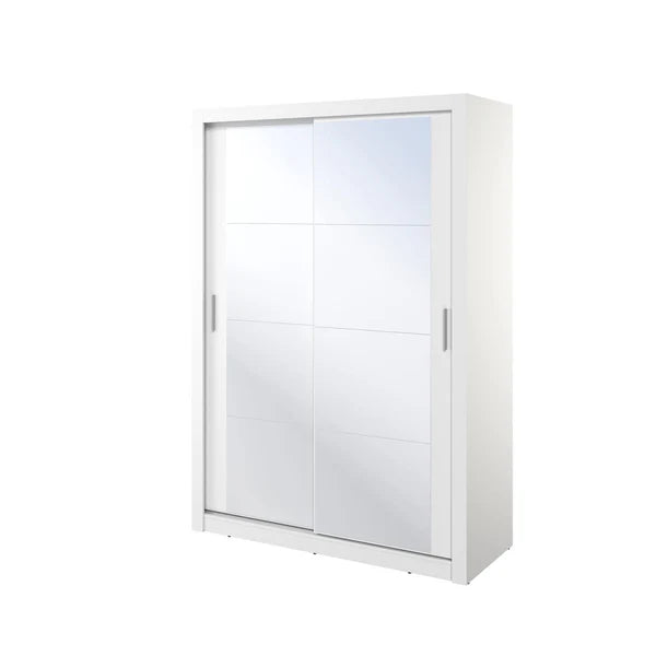 White sliding door wardrobe with two frosted glass-panel doors and vertical metal handles