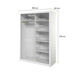 White sliding door wardrobe with interior shelf layout dimensions (150cm x 215cm)