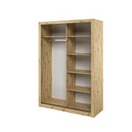 Artisan oak sliding wardrobe with open shelving and tall side alcoves