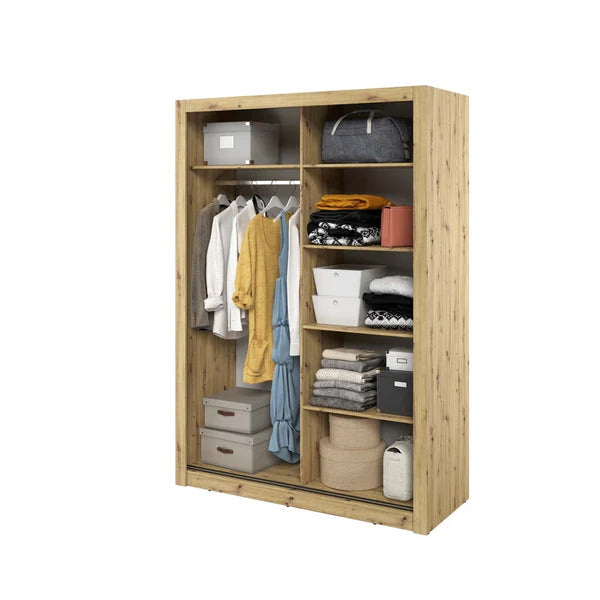 Artisan oak sliding wardrobe with shelves holding folded clothes and storage bins