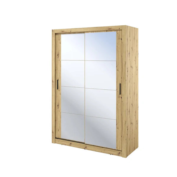 Light oak sliding door wardrobe with two glass-panel doors and vertical metal handles