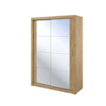 Light wood sliding door wardrobe with two glass-panel doors and vertical metal handles