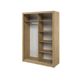 Artisan oak sliding door wardrobe with open shelves and tall left compartment