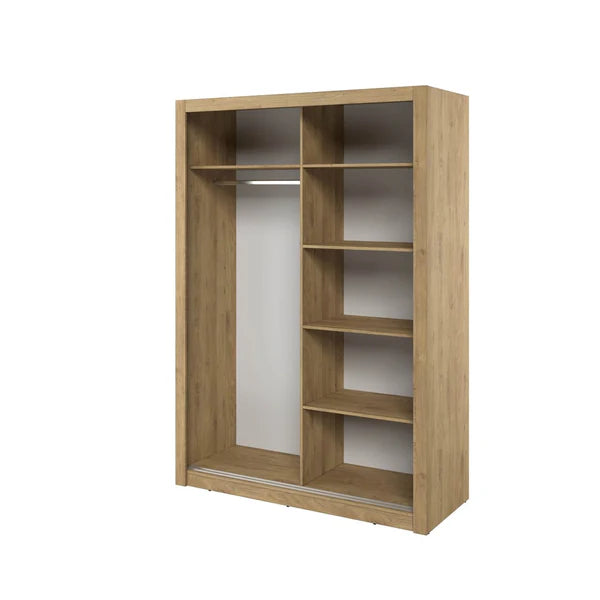 Artisan oak sliding door wardrobe with open shelves and tall left compartment