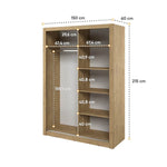 Artisan oak sliding door wardrobe with shelf layout dimensions shown (150cm x 215cm)