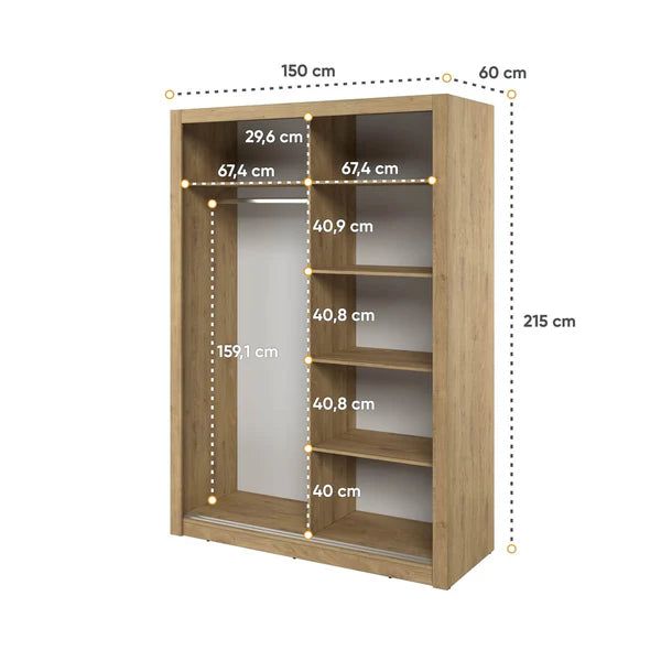 Artisan oak sliding door wardrobe with shelf layout dimensions shown (150cm x 215cm)