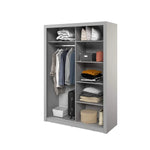 Grey sliding door wardrobe with shelves and baskets filled with folded clothes