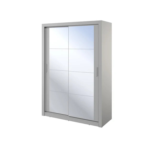 Grey sliding door wardrobe with two frosted glass-panel doors and vertical metal handles