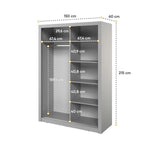 Grey sliding door wardrobe with interior shelf dimensions shown (150cm x 215cm)