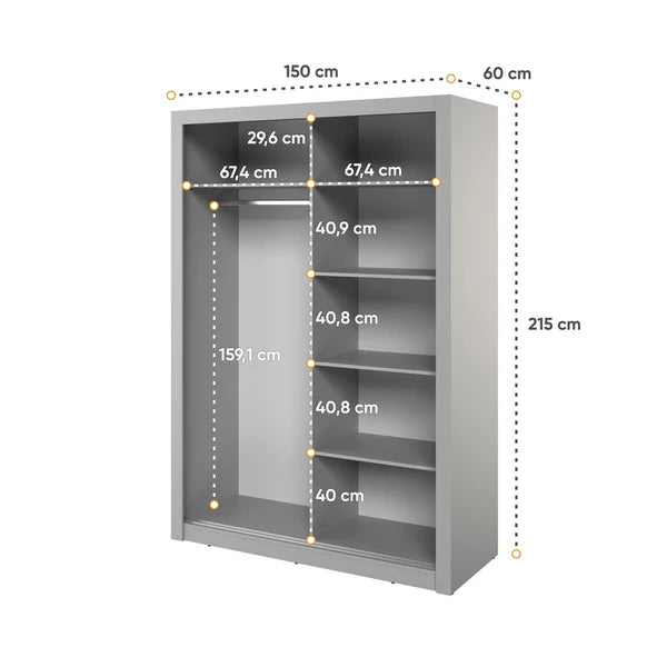 Grey sliding door wardrobe with interior shelf dimensions shown (150cm x 215cm)