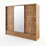 Sliding wardrobe with wood-look doors, center mirrored panel, and bottom drawers.