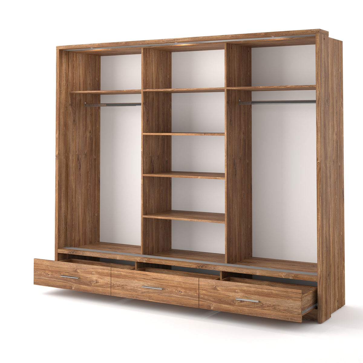 Wood-look wardrobe with open center shelving and two side cabinet doors.