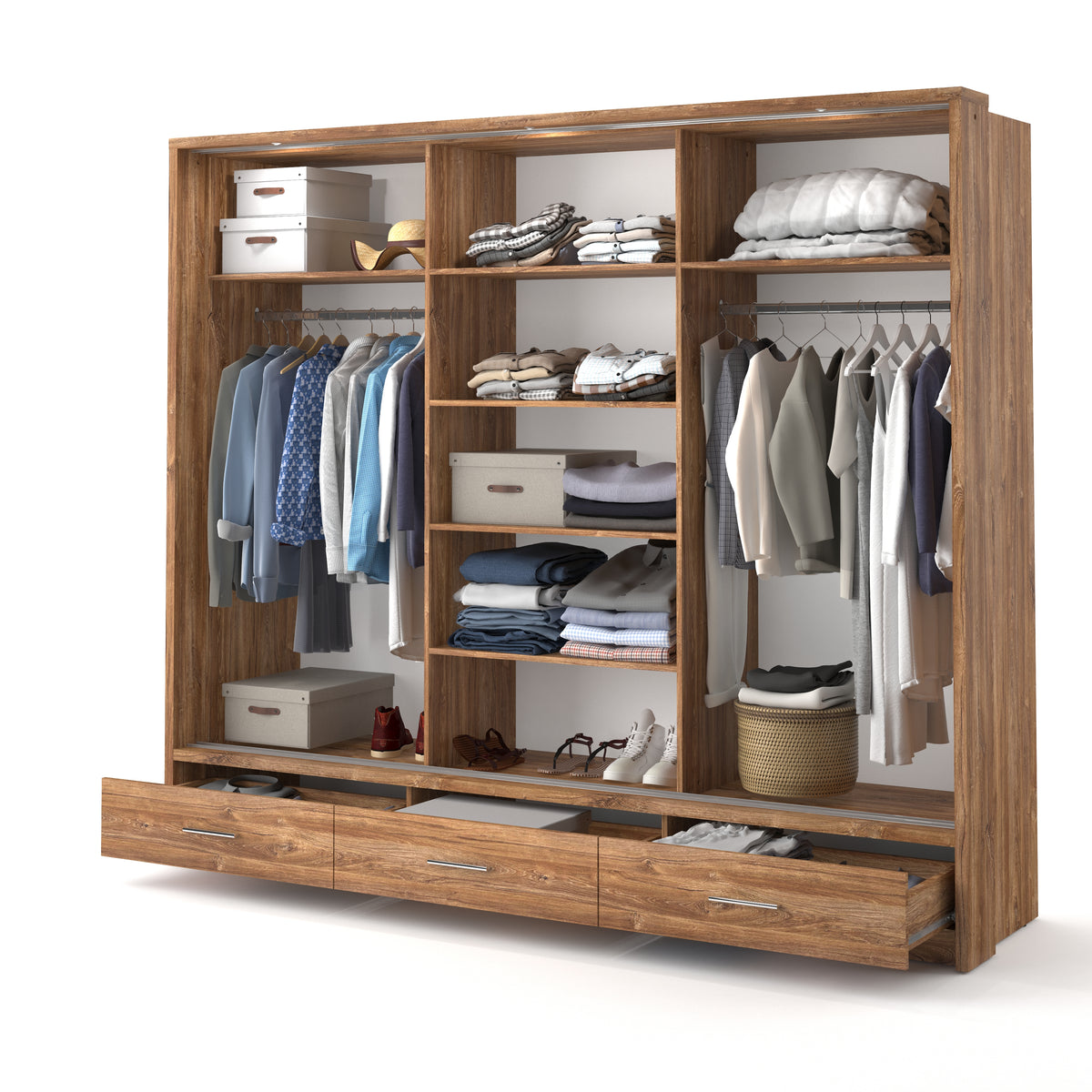 Open wooden wardrobe interior with hanging space, shelves, and drawers at the base.