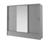 Sliding door wardrobe with dark gray cabinet panels and integrated bottom drawers.