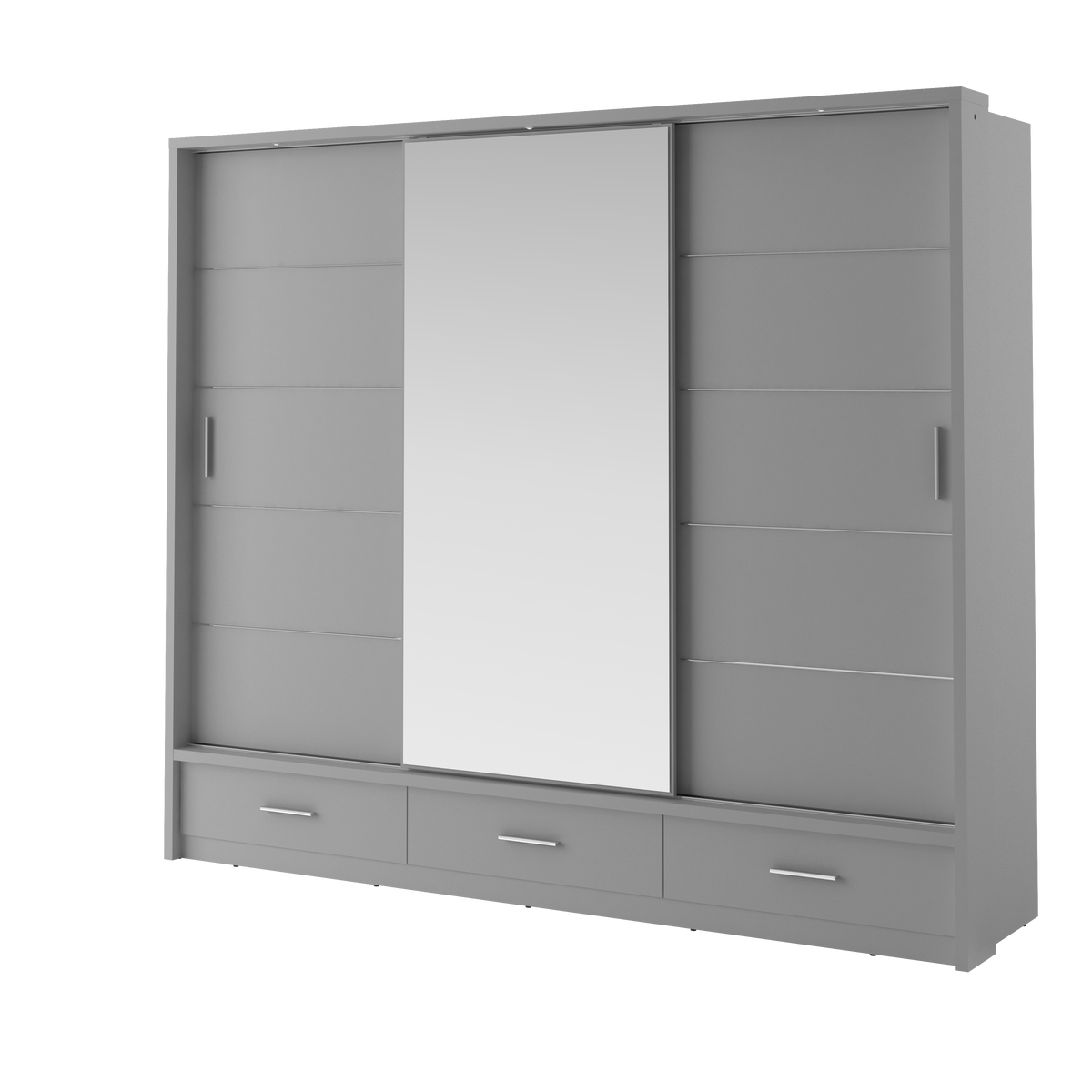 Sliding door wardrobe with dark gray cabinet panels and integrated bottom drawers.