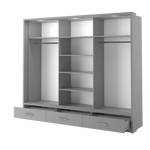 Empty dark gray wardrobe frame with central shelving and two side cabinets.