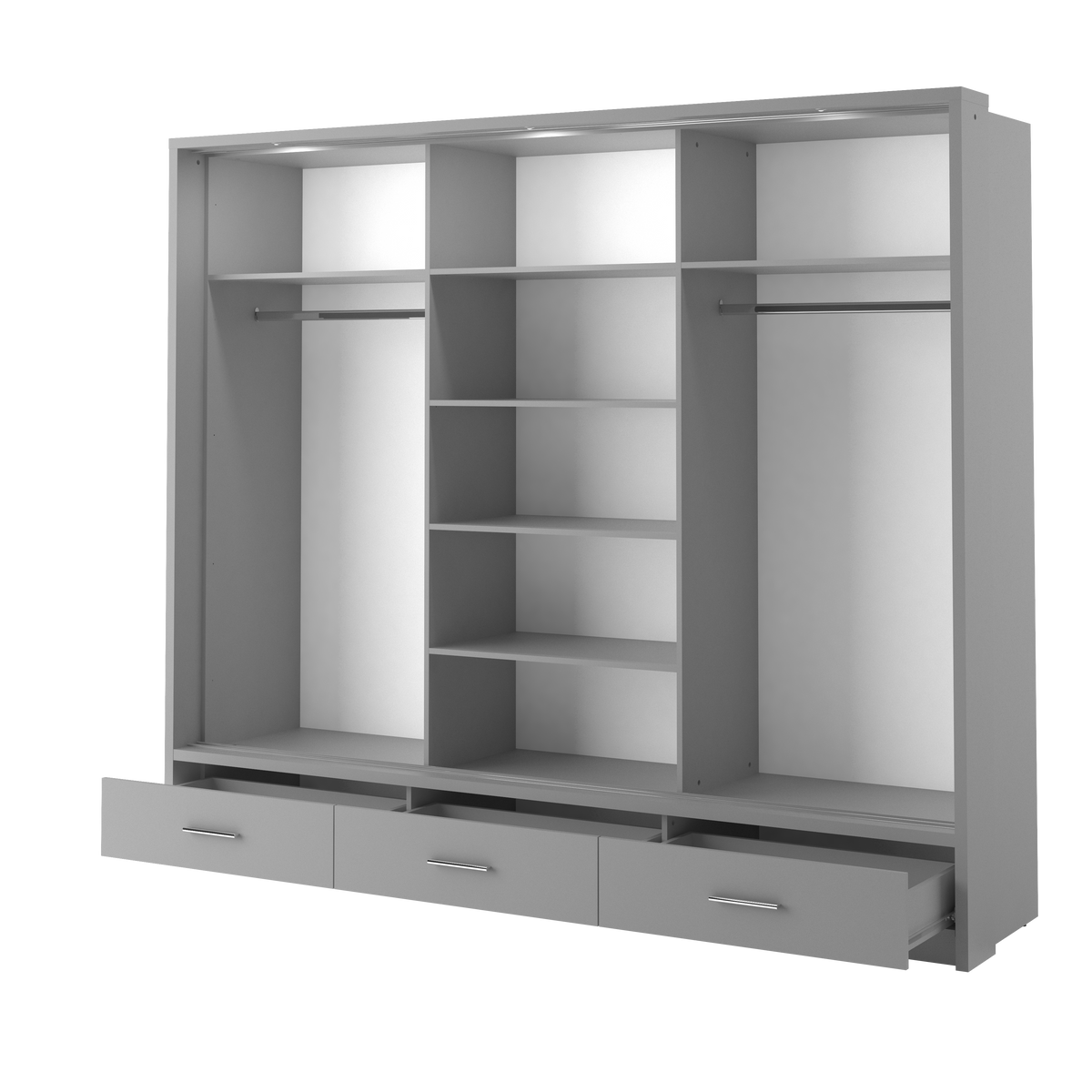 Empty dark gray wardrobe frame with central shelving and two side cabinets.