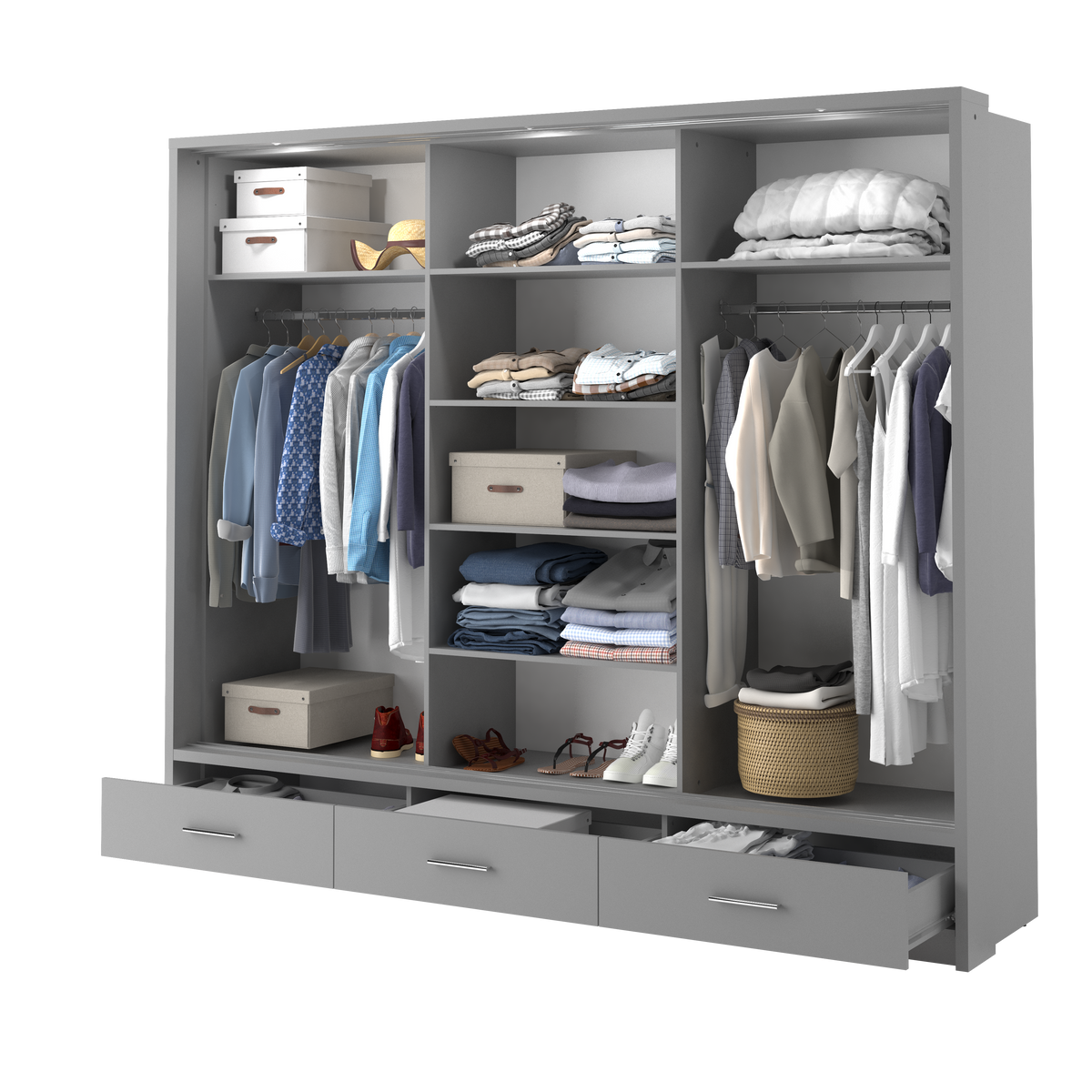 Open dark gray wardrobe interior with shelves, hanging rails, and drawer storage.