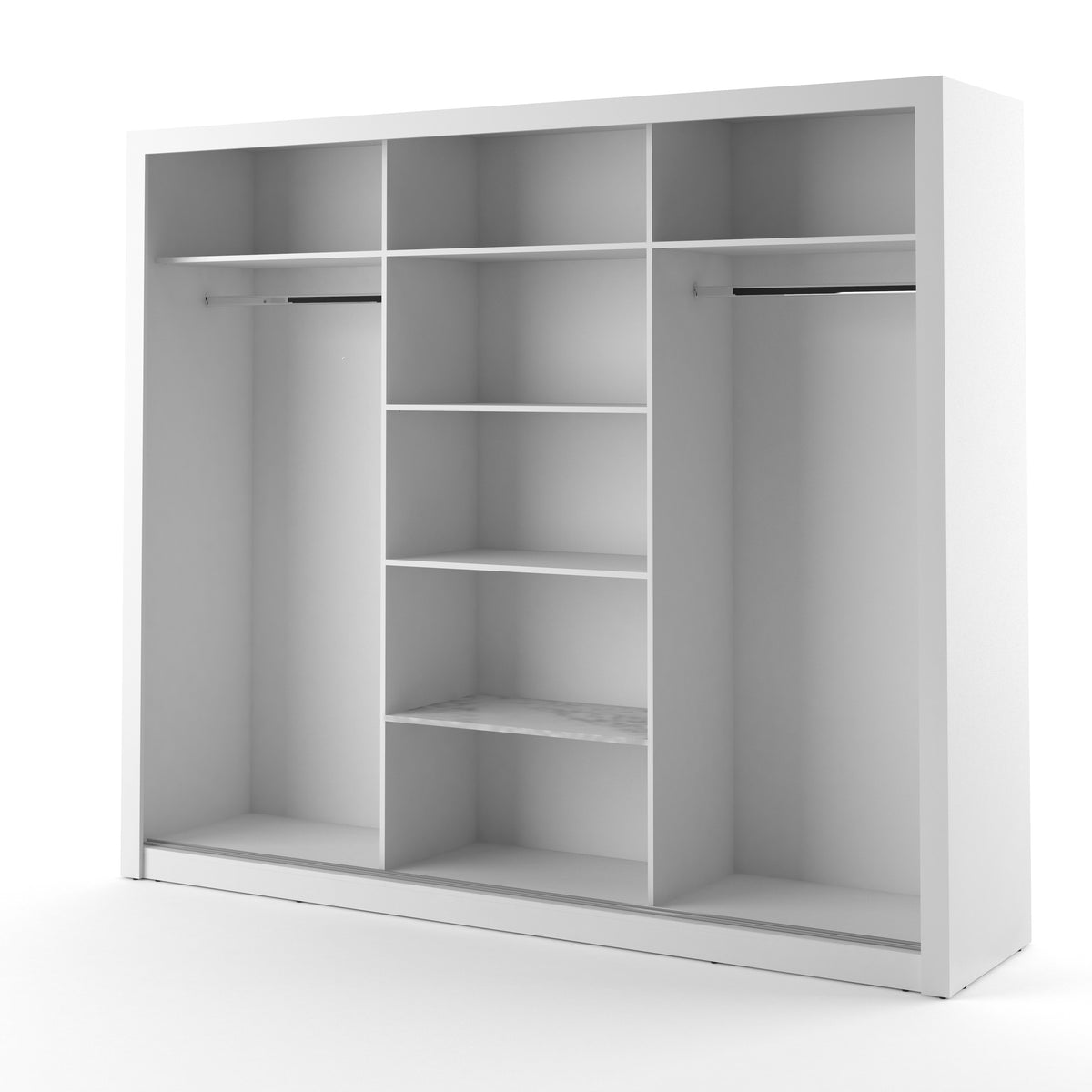 Open wardrobe frame with center shelf unit and hanging-bar rails, light interior