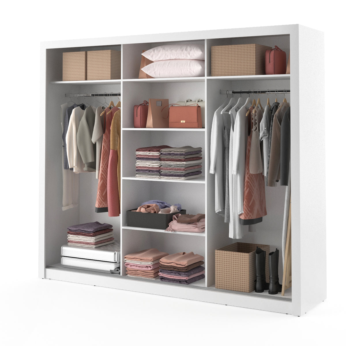 Sliding door wardrobe with open compartments, shelves, drawers, and hanging rails inside
