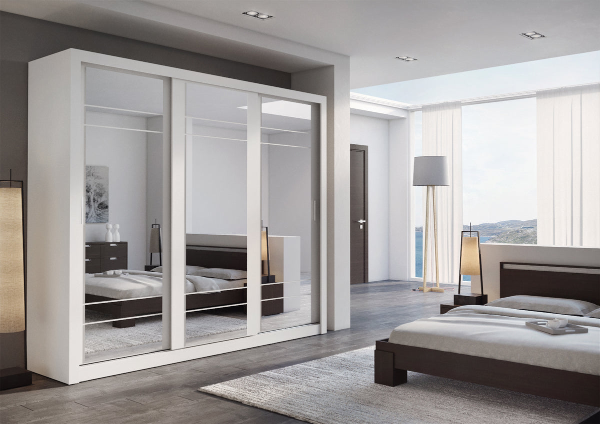 Sliding door wardrobe with glass-free mirrored doors and interior storage visible