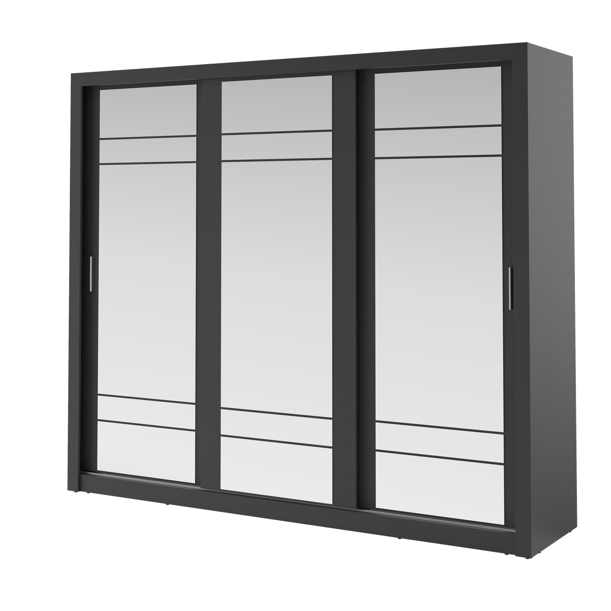 Dark gray sliding door wardrobe with three mirrored panels and slim handle pulls