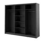 Open dark gray wardrobe interior with hanging-bar rails and stepped shelving